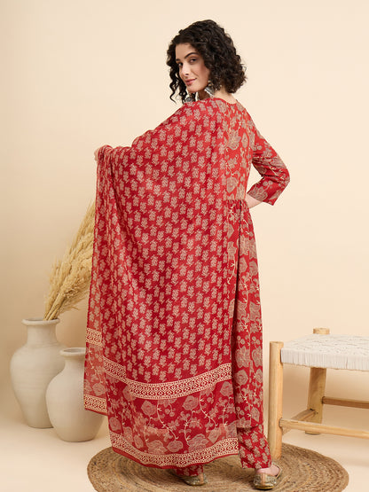 Red Anarkali Kurta And Pant Set With Dupatta