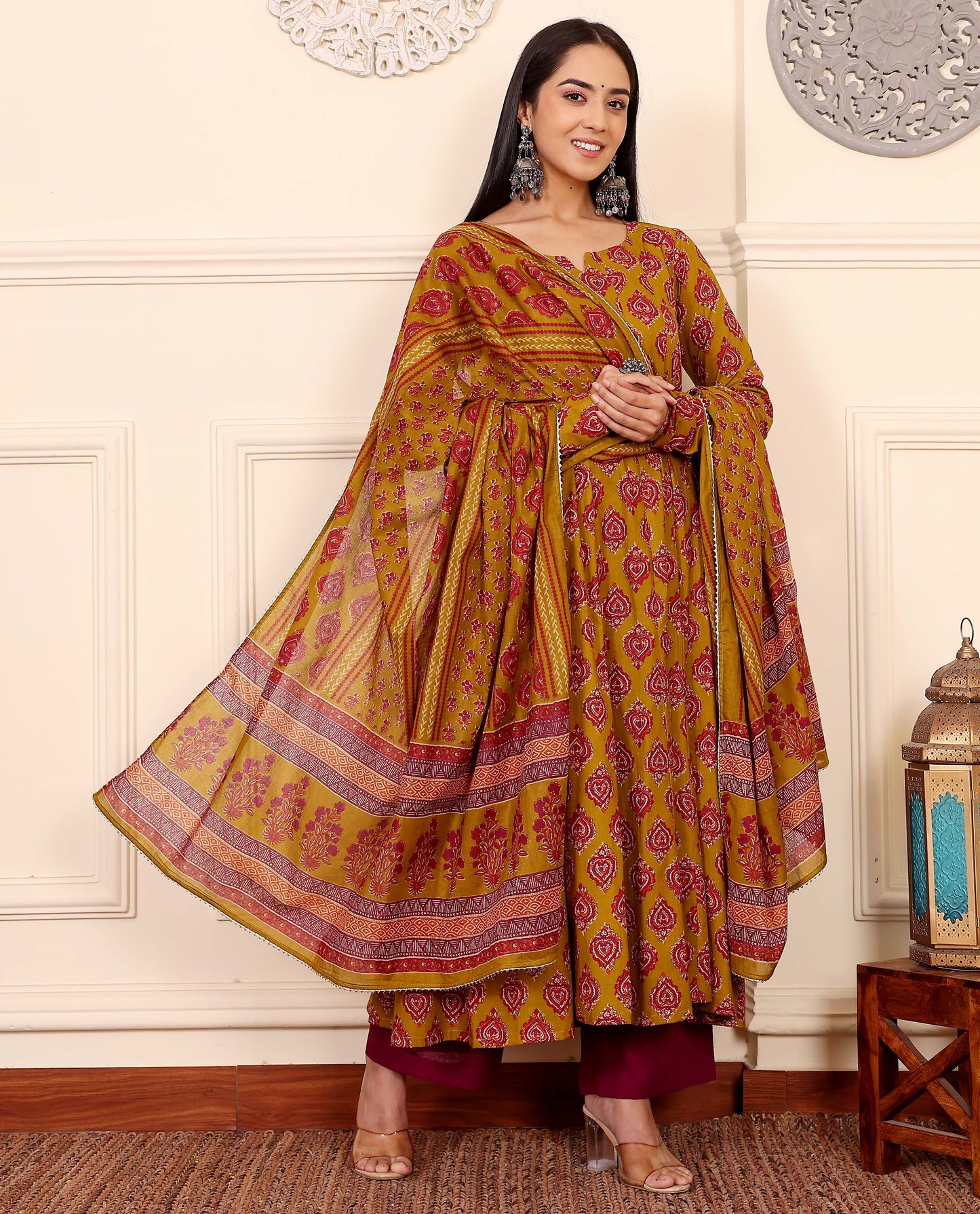 Yellow Anarkali Kurta And Pant Set With Dupatta