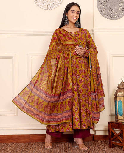 Yellow Anarkali Kurta And Pant Set With Dupatta