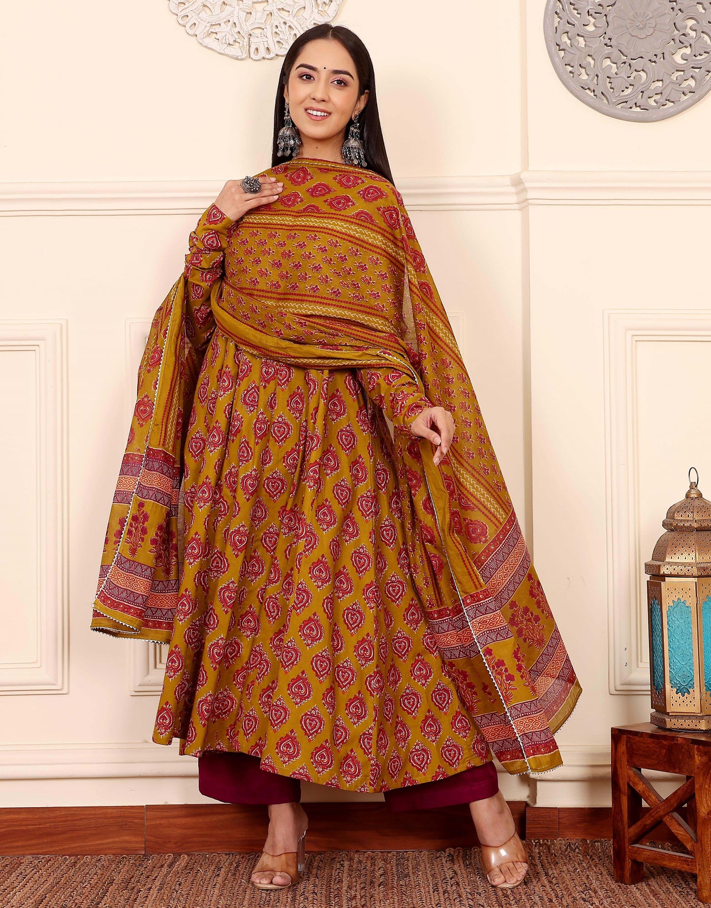 Yellow Anarkali Kurta And Pant Set With Dupatta