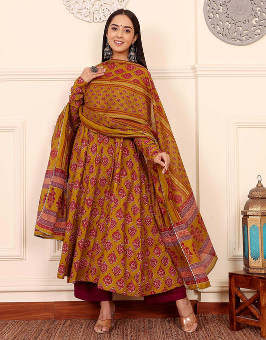 Yellow Anarkali Kurta And Pant Set With Dupatta