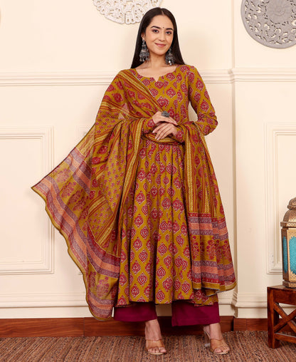 Yellow Anarkali Kurta And Pant Set With Dupatta