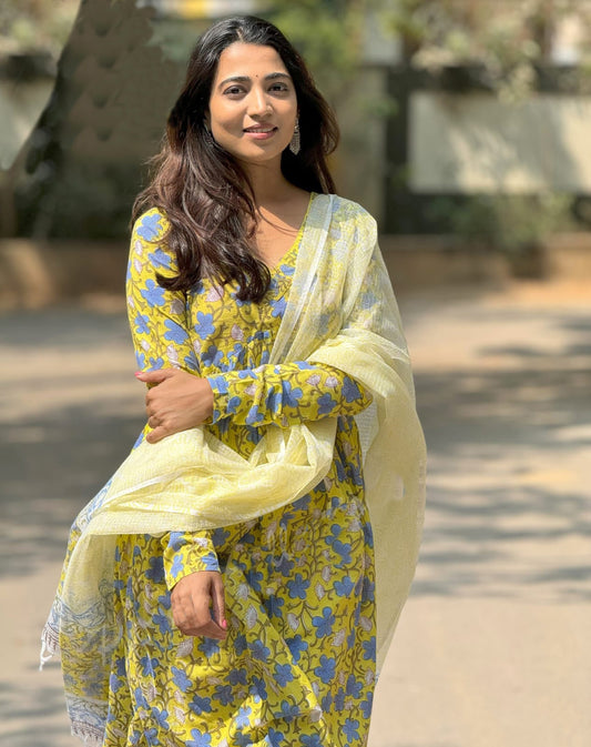 Yellow Anarkali Kurta And Pant Set With Dupatta