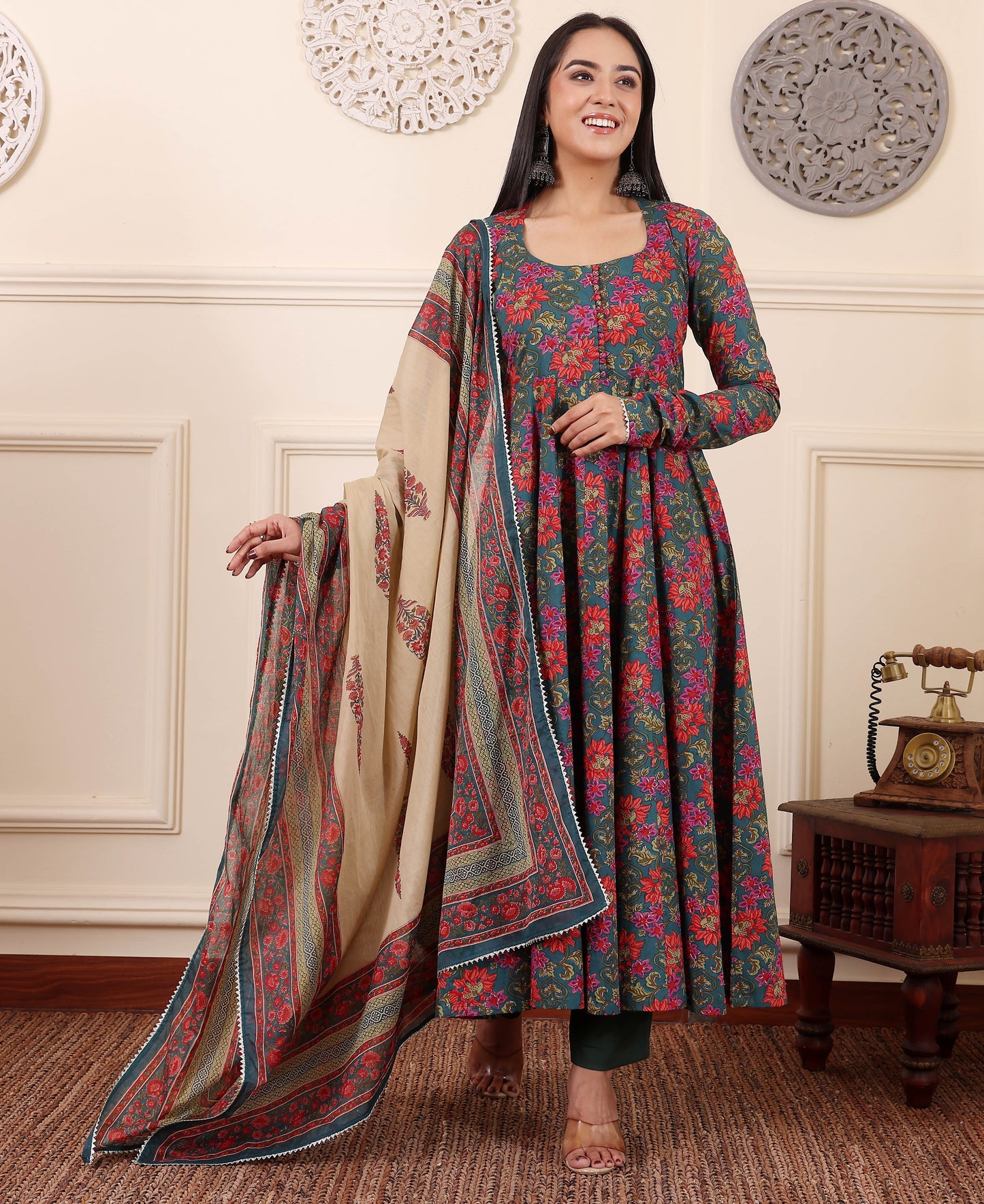 Red-Green Kurta Set With Dupatta