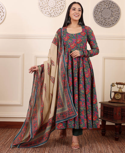 Red-Green Kurta Set With Dupatta