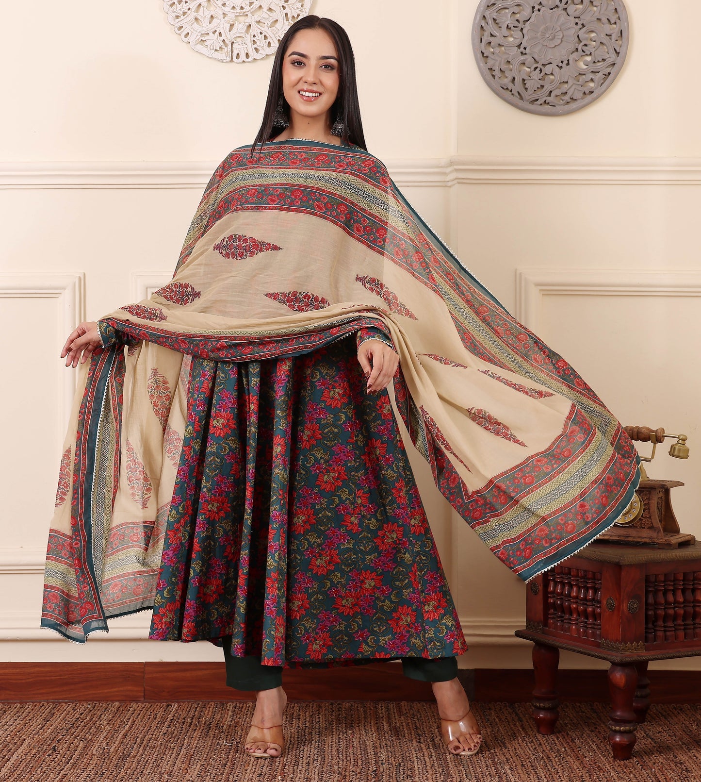 Red-Green Kurta Set With Dupatta