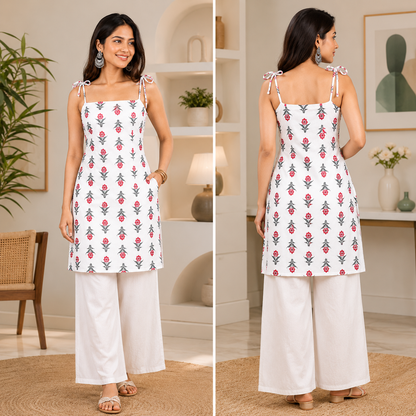 White Floral Cotton Kurti for Women | Sleeveless Summer Wear | Square Neck Tie-Up | XS-XXL