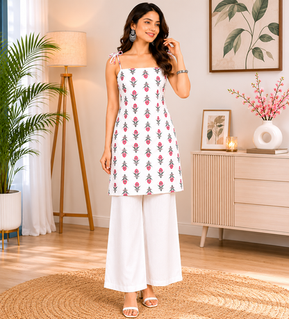White Floral Cotton Kurti for Women | Sleeveless Summer Wear | Square Neck Tie-Up | XS-XXL
