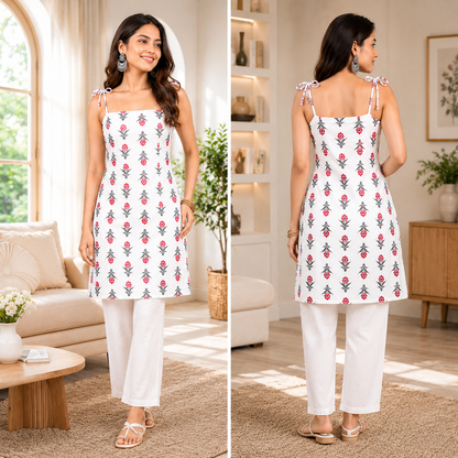 White Floral Cotton Kurti for Women | Sleeveless Summer Wear | Square Neck Tie-Up | XS-XXL