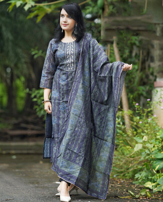 Blue Straight Kurta And Pant Set With Dupatta