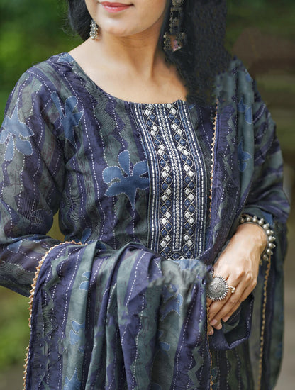 Blue Straight Kurta And Pant Set With Dupatta