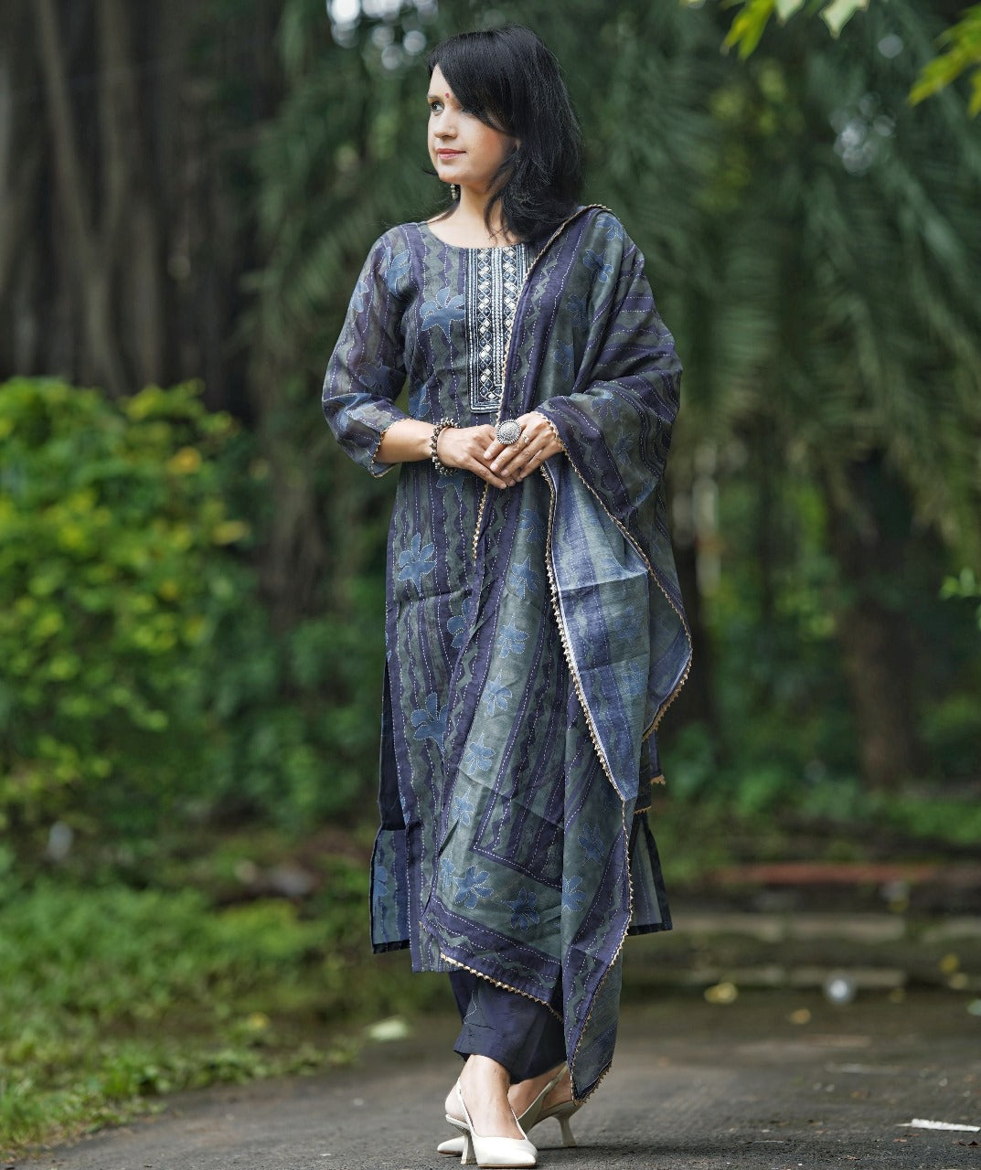 Blue Straight Kurta And Pant Set With Dupatta