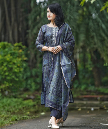 Blue Straight Kurta And Pant Set With Dupatta