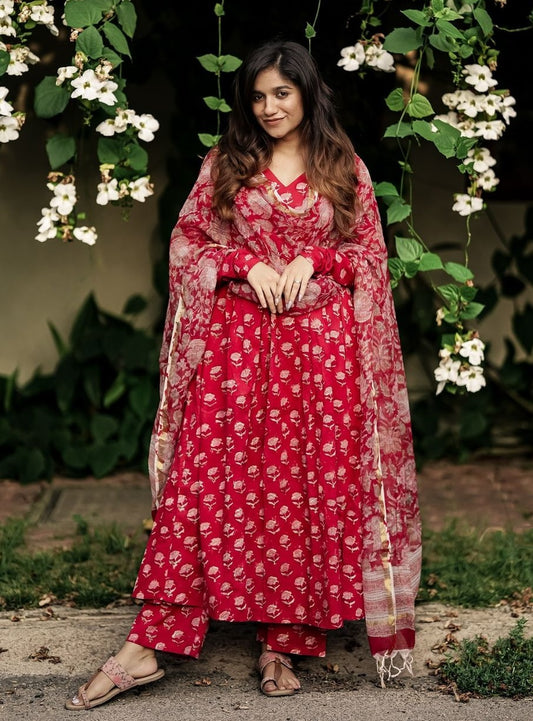 Printed Red Kurta And Pant Set With Dupatta