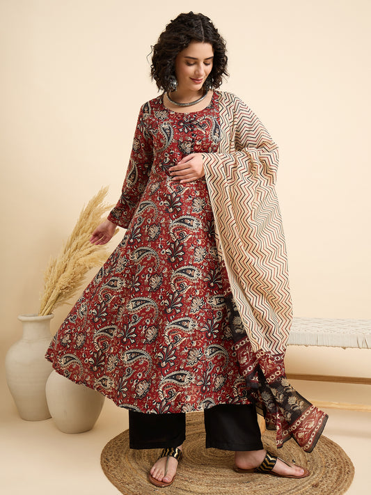 Maroon Anarkali Kurta And Pant Set With Dupatta