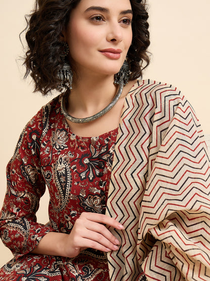 Maroon Anarkali Kurta And Pant Set With Dupatta