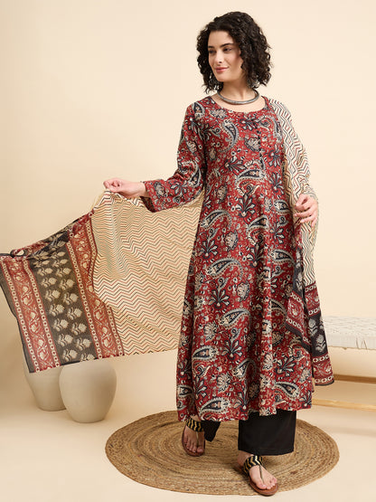 Maroon Anarkali Kurta And Pant Set With Dupatta