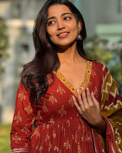 Honey Red Printed Kurta And Pant Set With Dupatta