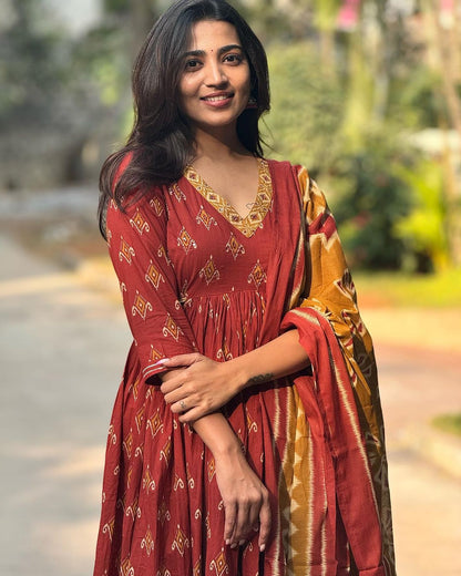 Honey Red Printed Kurta And Pant Set With Dupatta