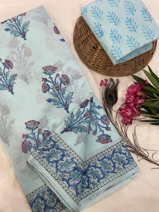 Cotton Mul Mul Hand Block Printed Sarees