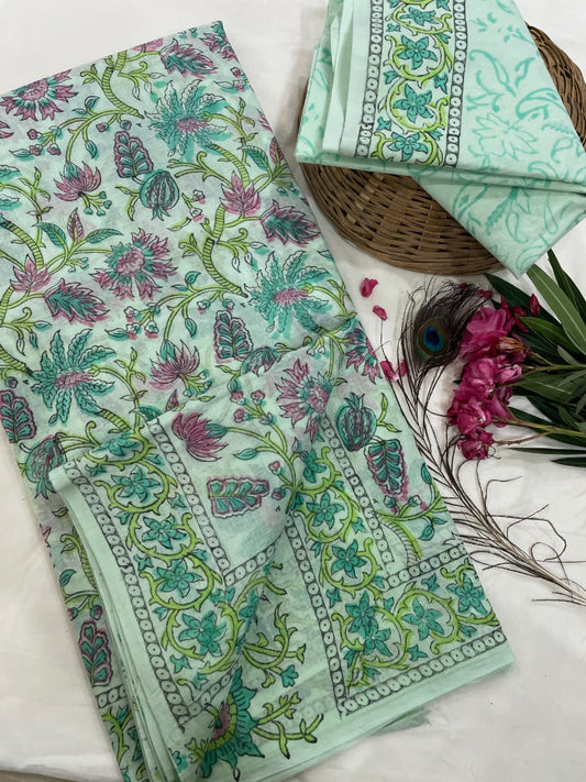 Cotton Mul Mul Hand Block Printed Sarees