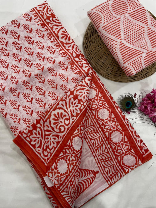 Cotton Mul Mul Hand Block Printed Sarees