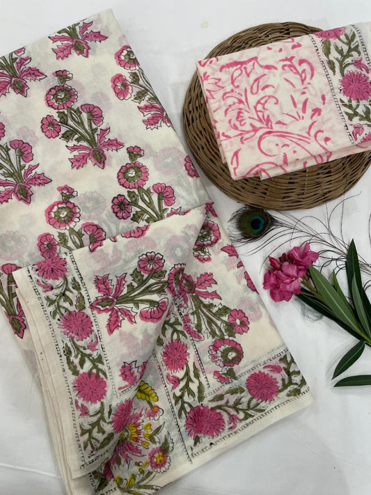 Cotton Mul Mul Hand Block Printed Sarees