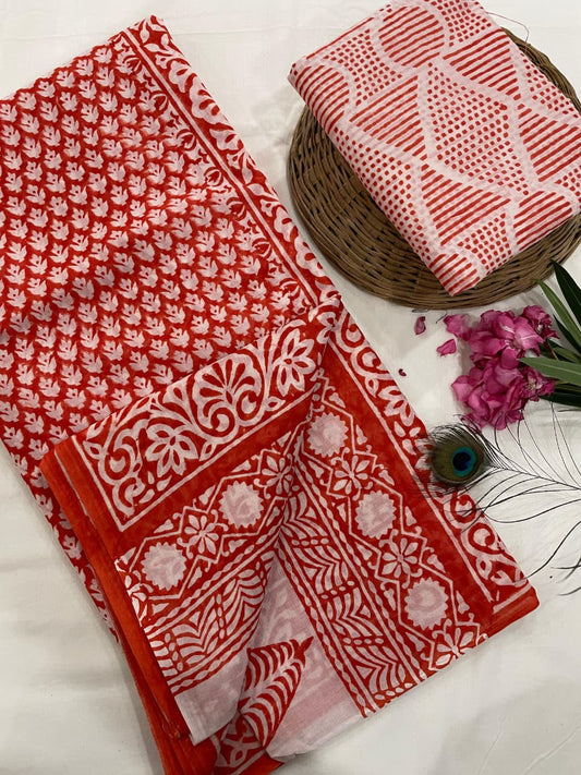 Cotton Mul Mul Hand Block Printed Sarees