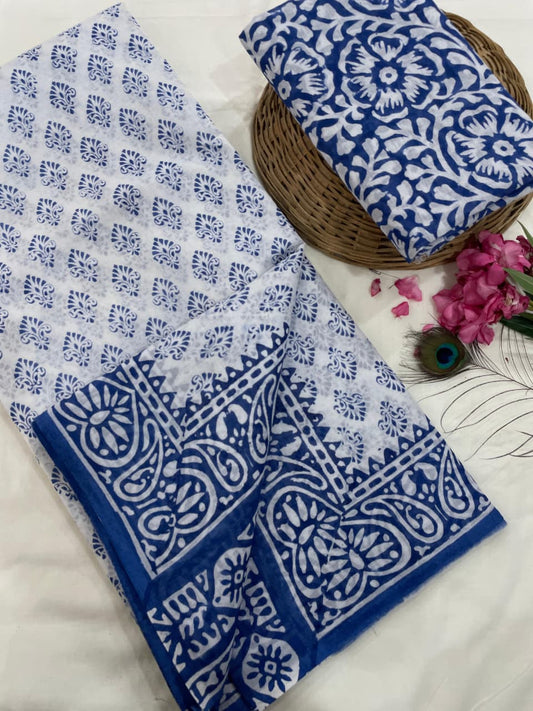 Cotton Mul Mul Hand Block Printed Sarees