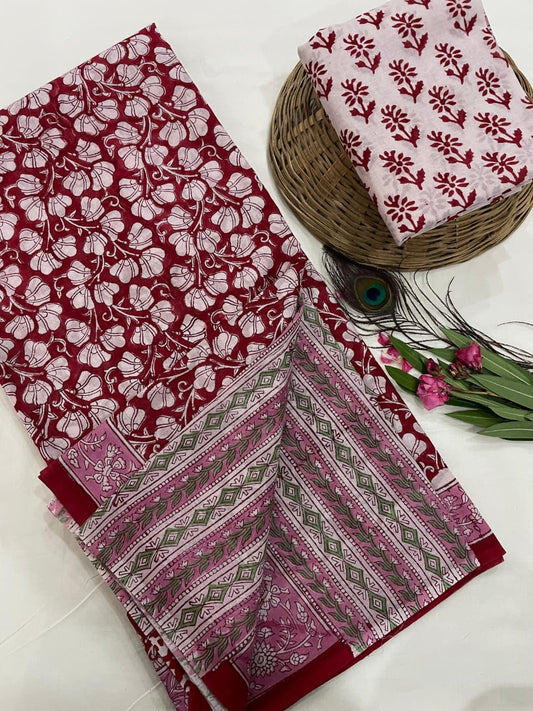 Cotton Mul Mul Hand Block Printed Sarees