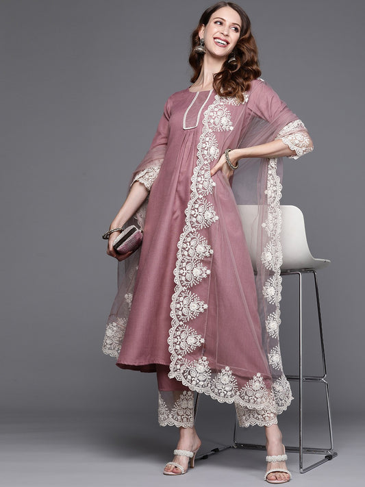 Pink Anarkali Kurta And Pant Set With Dupatta