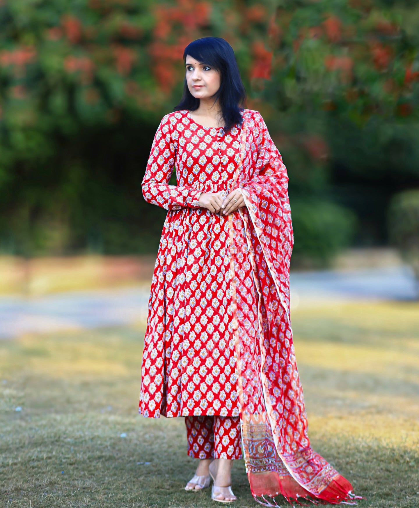 Red Anarkali Kurta And Pant Set With Dupatta