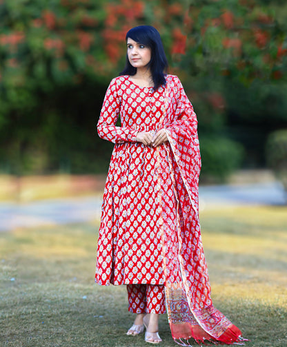 Red Anarkali Kurta And Pant Set With Dupatta