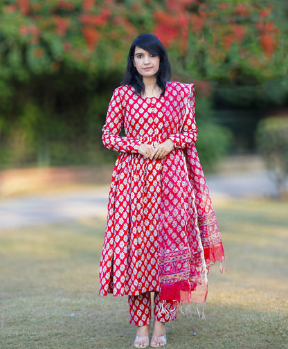 Red Anarkali Kurta And Pant Set With Dupatta