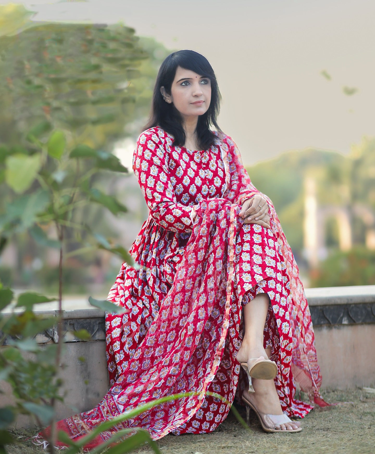 Red Anarkali Kurta And Pant Set With Dupatta