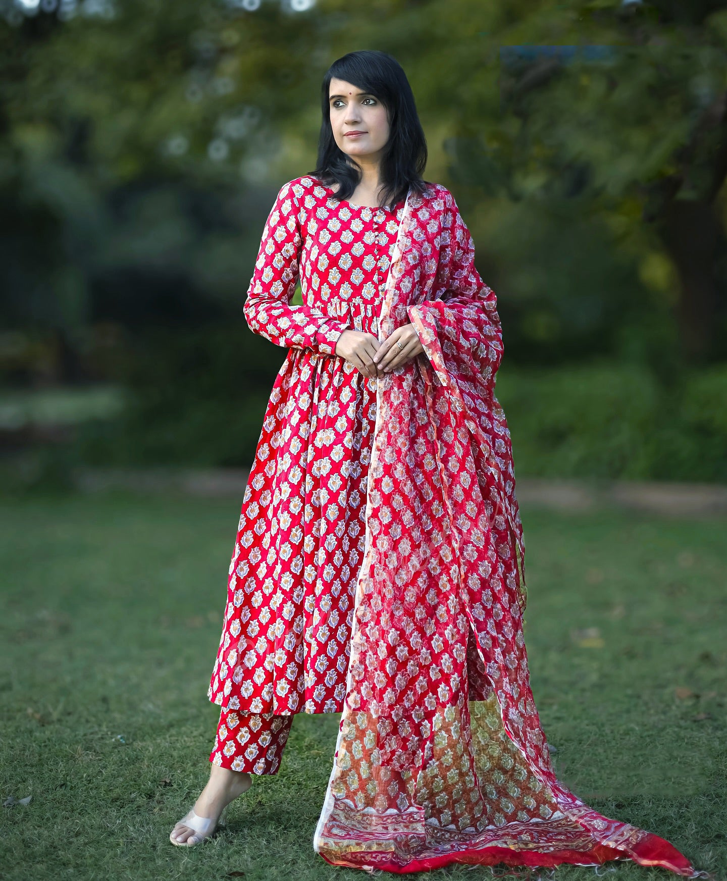 Red Anarkali Kurta And Pant Set With Dupatta