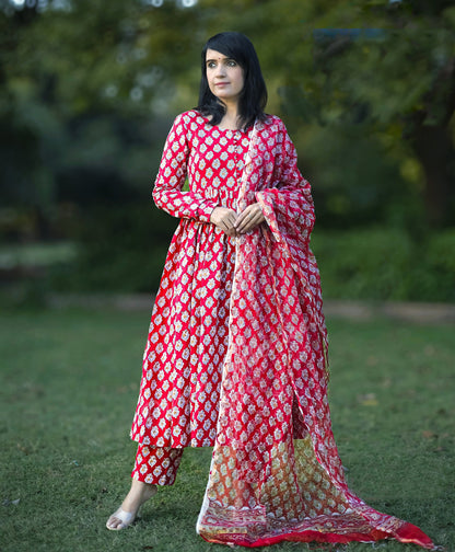 Red Anarkali Kurta And Pant Set With Dupatta