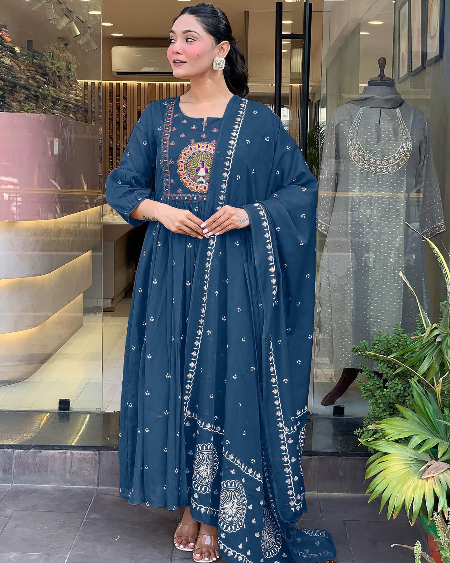 More Peach Anarkali Kurta And Pant Set With Dupatta