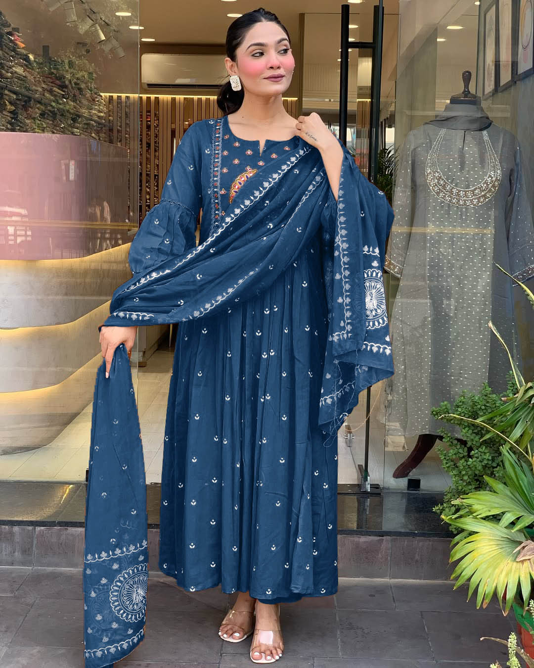 More Peach Anarkali Kurta And Pant Set With Dupatta