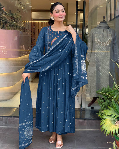 More Peach Anarkali Kurta And Pant Set With Dupatta