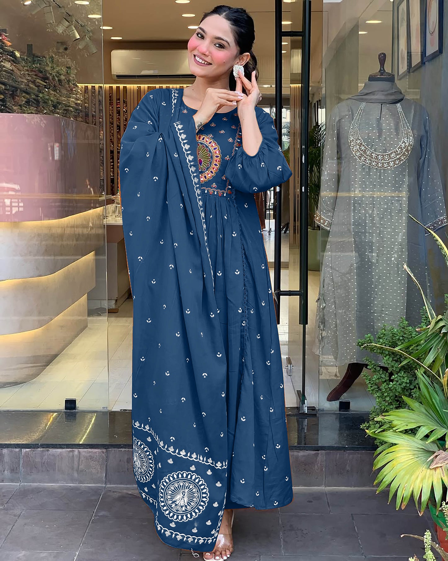 More Peach Anarkali Kurta And Pant Set With Dupatta