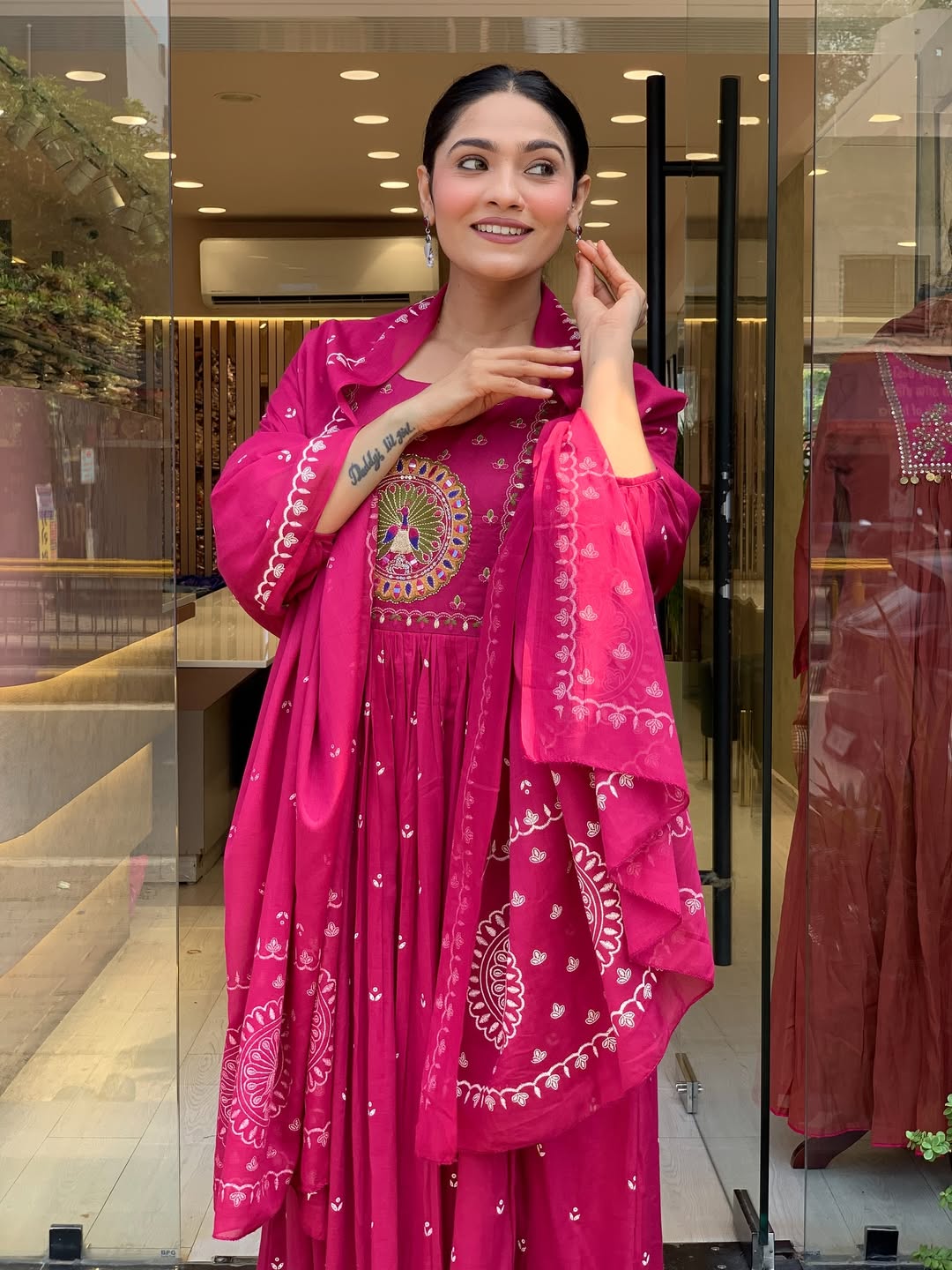 Pink Anarkali Kurta And Pant Set With Dupatta