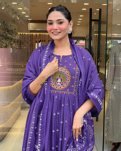 Purple Anarkali Kurta And Pant Set With Dupatta