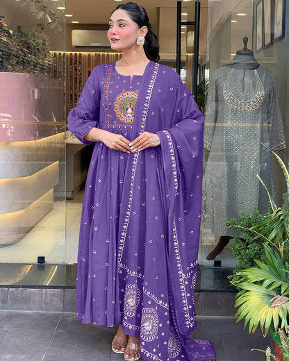 Purple Anarkali Kurta And Pant Set With Dupatta