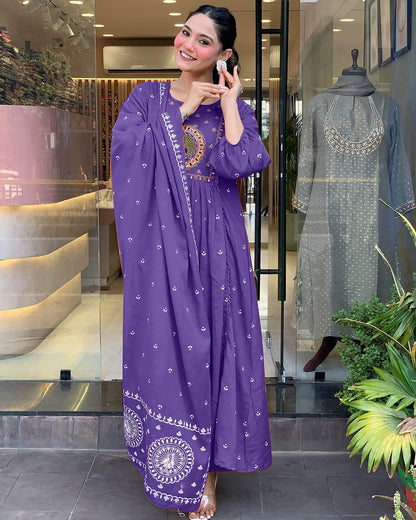 Purple Anarkali Kurta And Pant Set With Dupatta