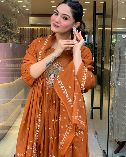 Rust Anarkali Kurta And Pant Set With Dupatta