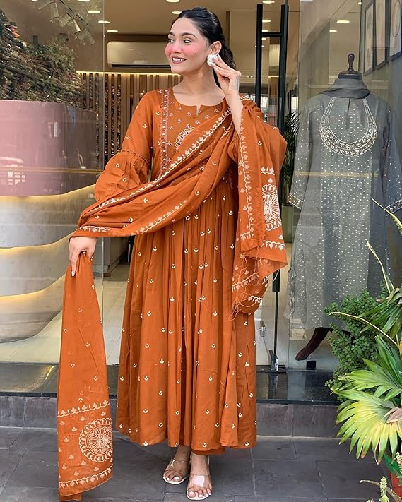 Rust Anarkali Kurta And Pant Set With Dupatta