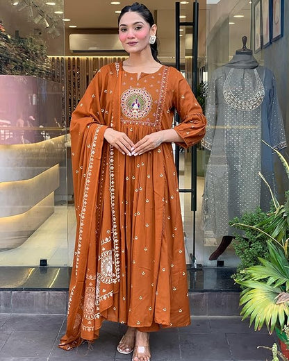 Rust Anarkali Kurta And Pant Set With Dupatta