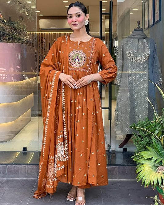 Rust Anarkali Kurta And Pant Set With Dupatta
