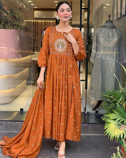 Rust Anarkali Kurta And Pant Set With Dupatta